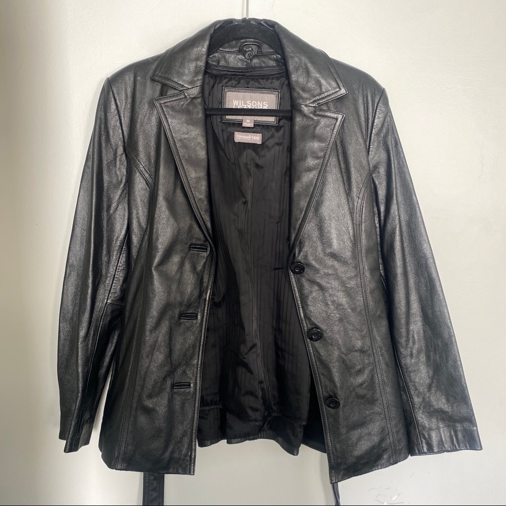Vintage Leather Blazer Jacket Belted Removable Insulation Black size Medium - Picture 5 of 12